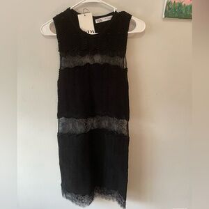 Zara Black Semi-Sheer Shift Dress with Lace Details